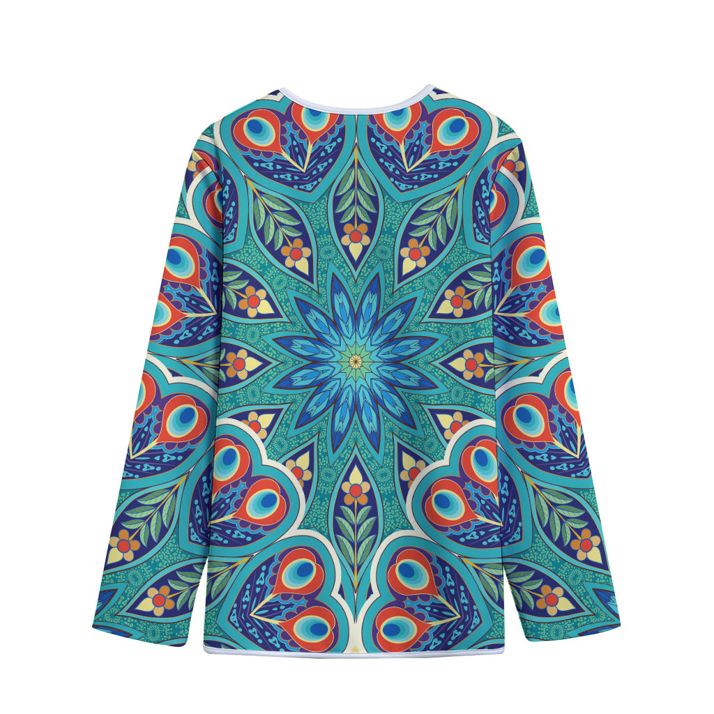 Peacock Feather Floral Pattern Print Long Sleeve Short Coat