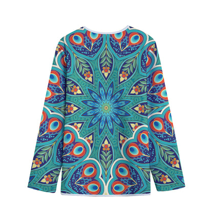 Peacock Feather Floral Pattern Print Long Sleeve Short Coat