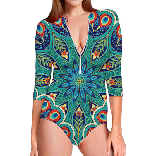 Peacock Feather Floral Pattern Print Long Sleeve Swimsuit