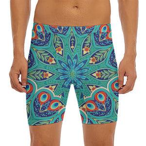 Peacock Feather Floral Pattern Print Men's Long Boxer Briefs