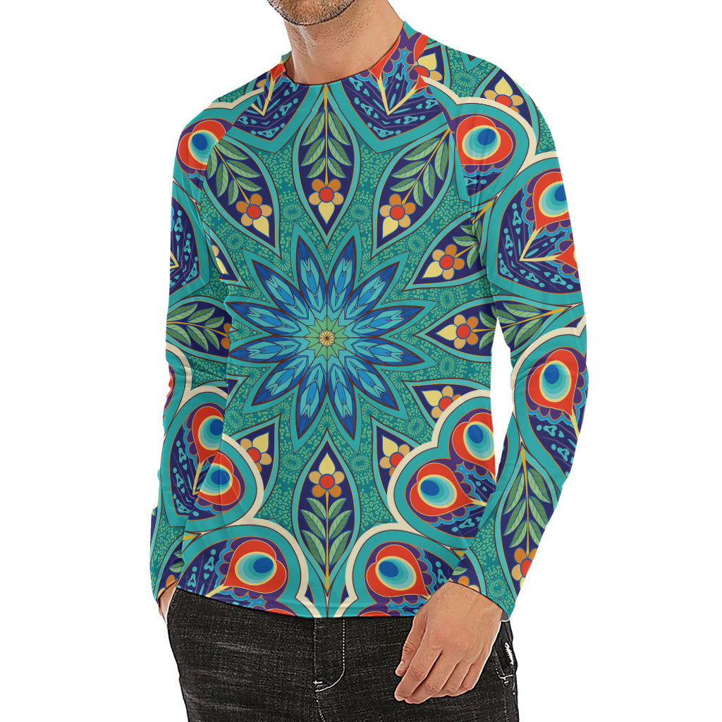 Peacock Feather Floral Pattern Print Men's Long Sleeve Rash Guard