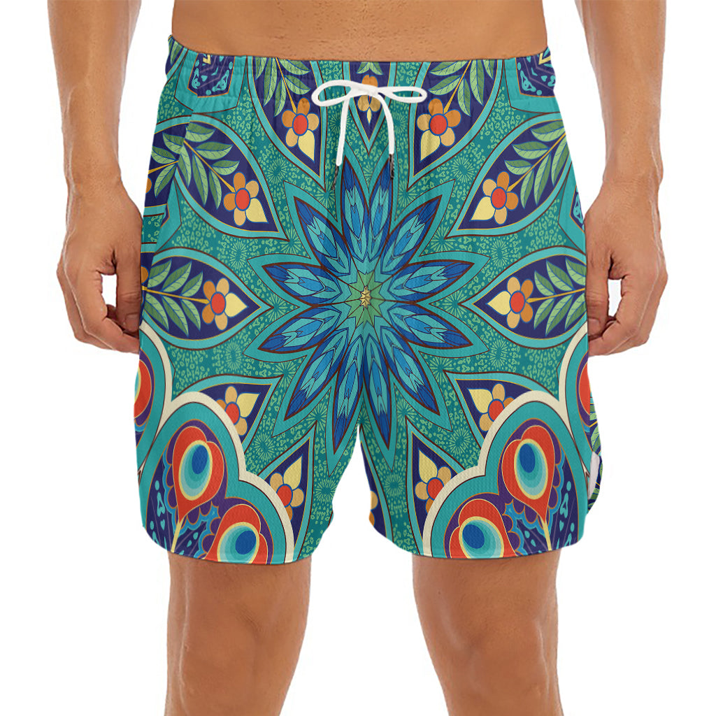 Peacock Feather Floral Pattern Print Men's Split Running Shorts