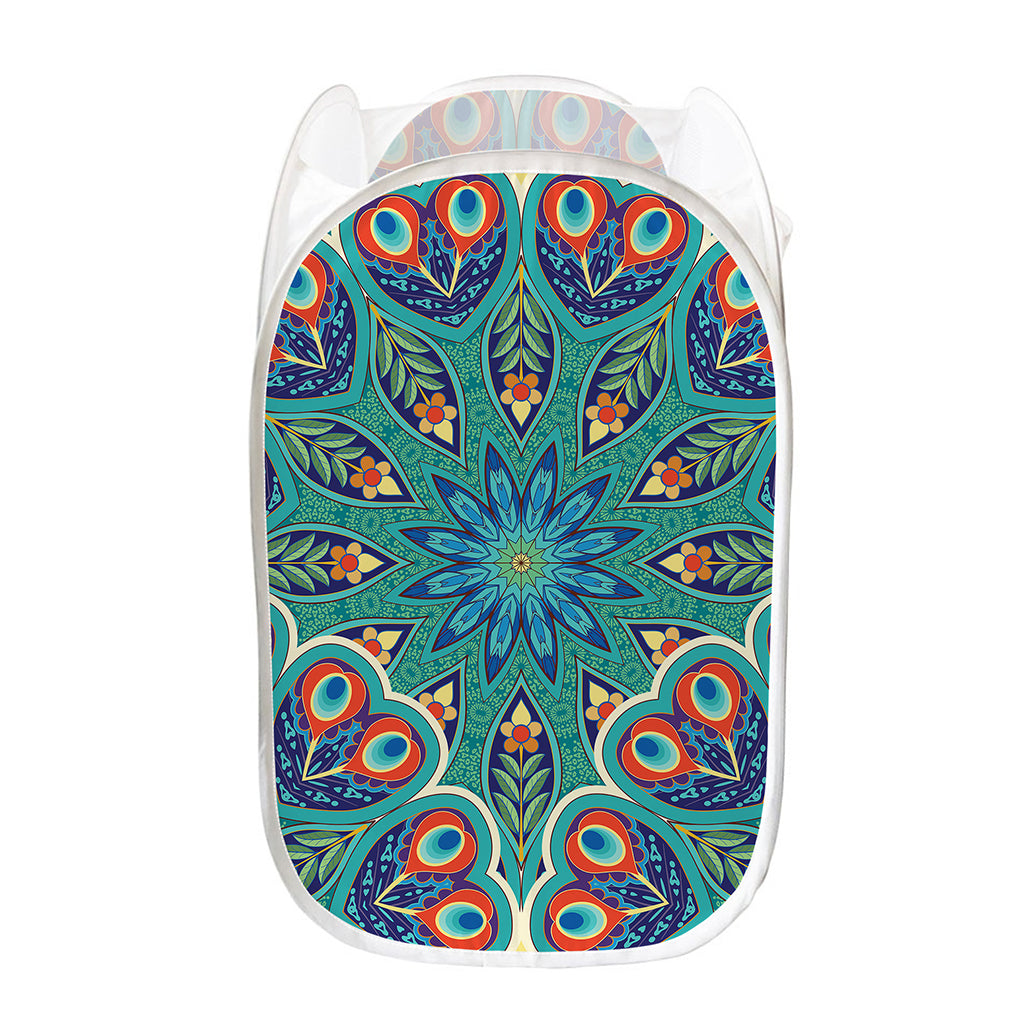 Peacock Feather Floral Pattern Print Mesh Laundry Hamper