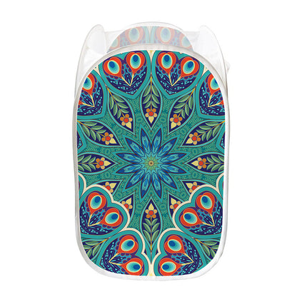 Peacock Feather Floral Pattern Print Mesh Laundry Hamper