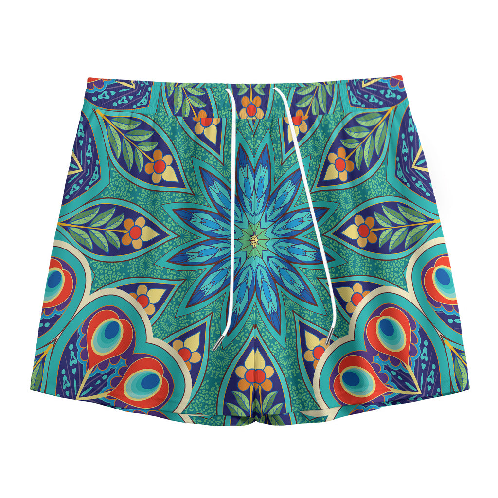 Peacock Feather Floral Pattern Print Mesh Shorts