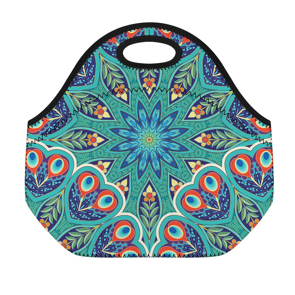 Peacock Feather Floral Pattern Print Neoprene Lunch Bag