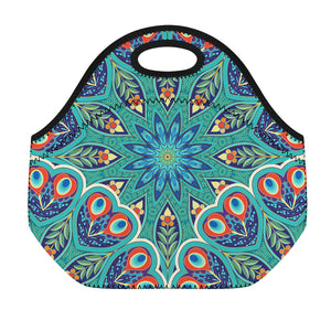 Peacock Feather Floral Pattern Print Neoprene Lunch Bag