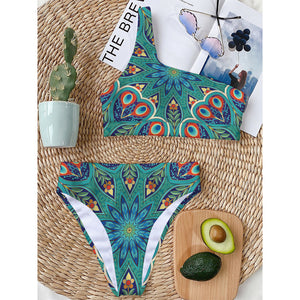 Peacock Feather Floral Pattern Print One Shoulder Bikini Top