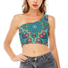 Peacock Feather Floral Pattern Print One Shoulder Crop Top