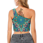 Peacock Feather Floral Pattern Print One Shoulder Crop Top