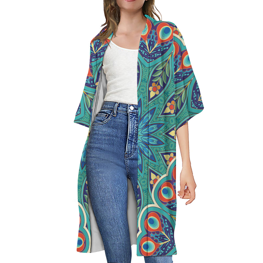 Peacock Feather Floral Pattern Print Open Front Beach Cover Up