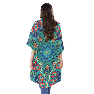 Peacock Feather Floral Pattern Print Open Front Beach Cover Up