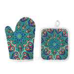Peacock Feather Floral Pattern Print Oven Mitt And Pot Holder Set