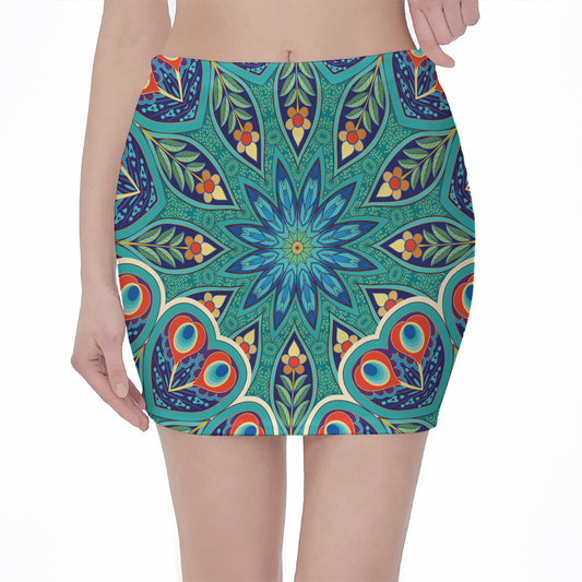 Peacock Feather Floral Pattern Print Pencil Mini Skirt