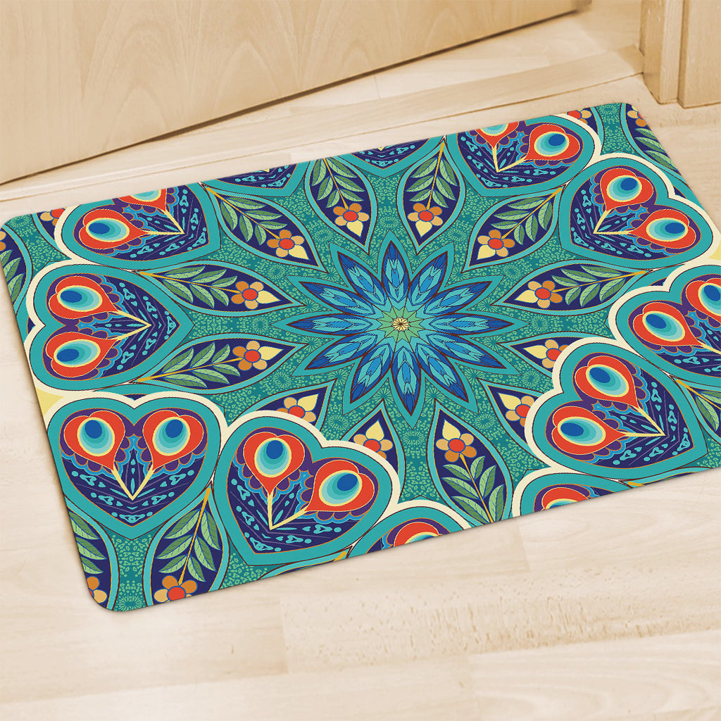 Peacock Feather Floral Pattern Print Polyester Doormat