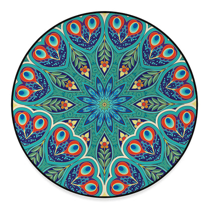 Peacock Feather Floral Pattern Print Round Floor Mat