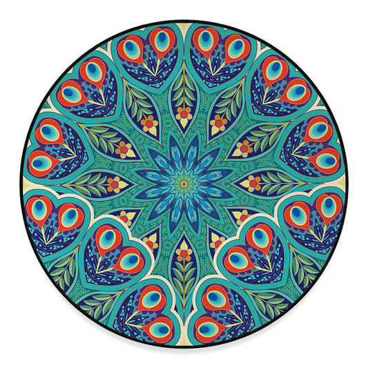Peacock Feather Floral Pattern Print Round Floor Mat
