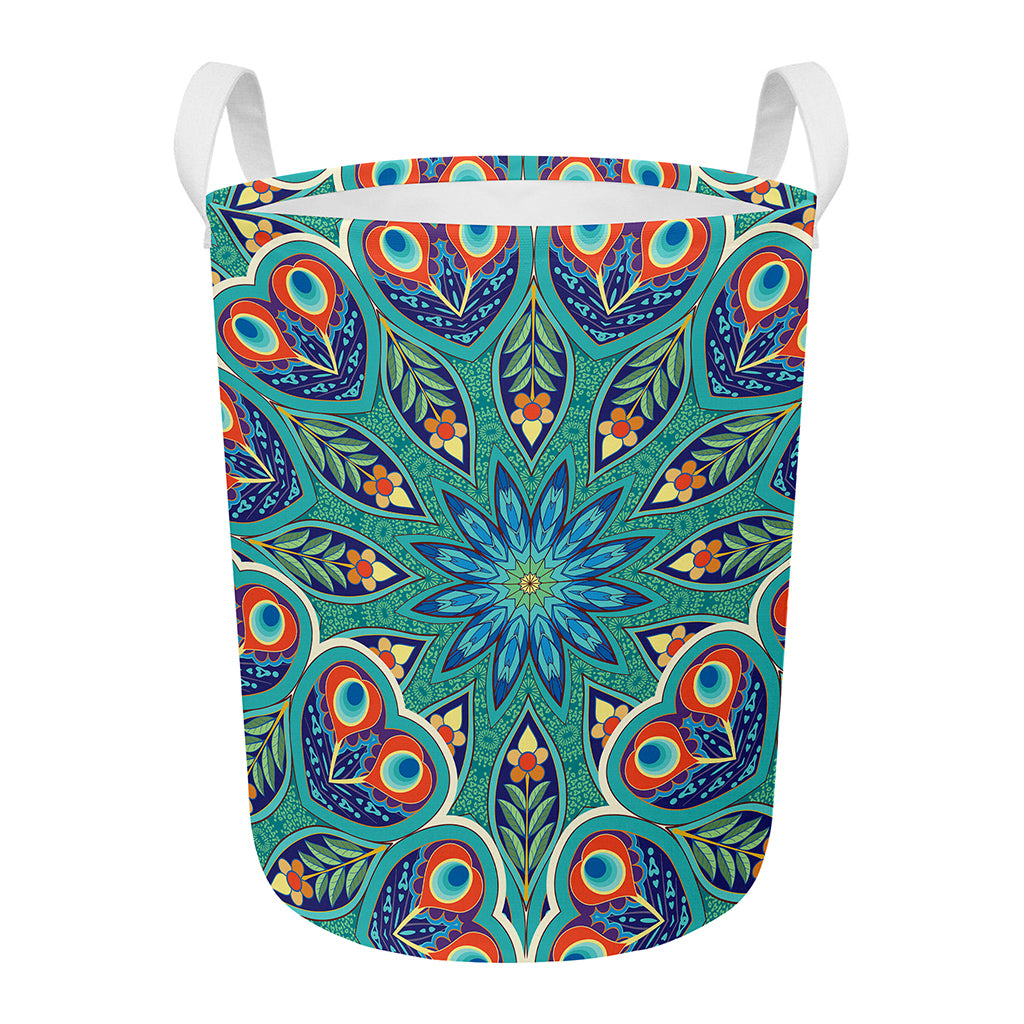Peacock Feather Floral Pattern Print Round Laundry Basket