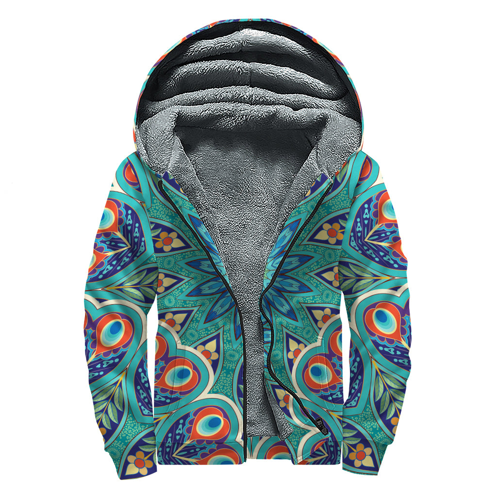 Peacock Feather Floral Pattern Print Sherpa Lined Zip Up Hoodie