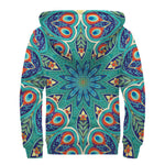 Peacock Feather Floral Pattern Print Sherpa Lined Zip Up Hoodie