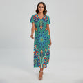 Peacock Feather Floral Pattern Print Short Sleeve Maxi Dress