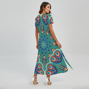 Peacock Feather Floral Pattern Print Short Sleeve Maxi Dress