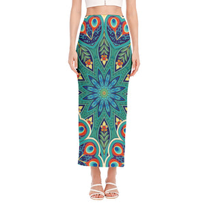 Peacock Feather Floral Pattern Print Side Slit Maxi Skirt