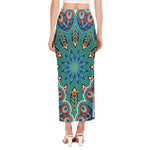 Peacock Feather Floral Pattern Print Side Slit Maxi Skirt