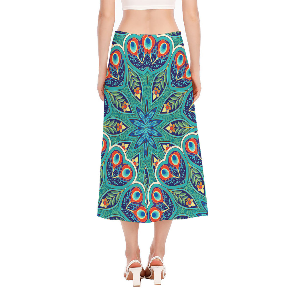 Peacock Feather Floral Pattern Print Side Slit Midi Skirt