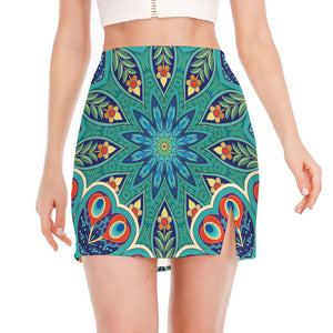 Peacock Feather Floral Pattern Print Side Slit Mini Skirt