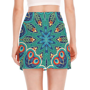 Peacock Feather Floral Pattern Print Side Slit Mini Skirt