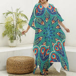 Peacock Feather Floral Pattern Print Silk V-Neck Kaftan Dress