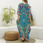 Peacock Feather Floral Pattern Print Silk V-Neck Kaftan Dress