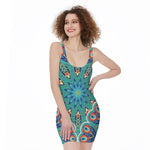 Peacock Feather Floral Pattern Print Sleeveless Bodycon Dress