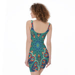 Peacock Feather Floral Pattern Print Sleeveless Bodycon Dress