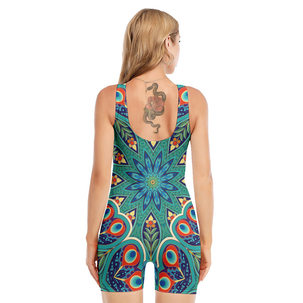 Peacock Feather Floral Pattern Print Sleeveless One Piece Swimsuit