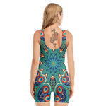 Peacock Feather Floral Pattern Print Sleeveless One Piece Swimsuit