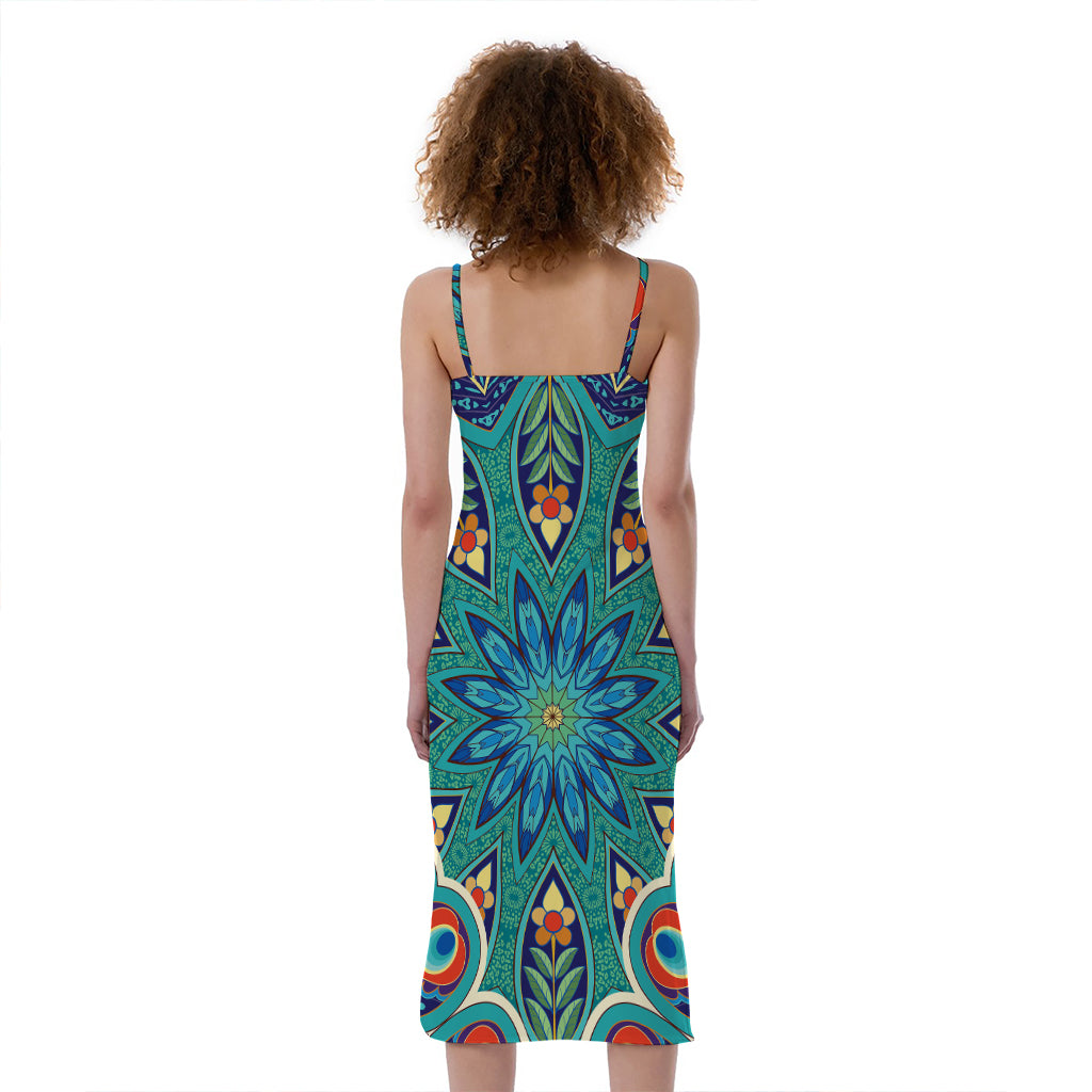 Peacock Feather Floral Pattern Print Slim Fit Midi Cami Dress