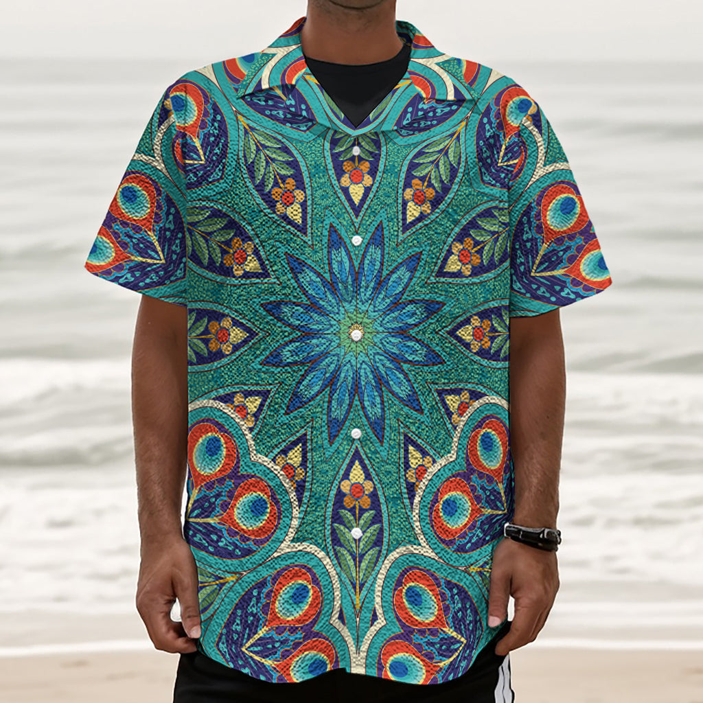 Peacock Feather Floral Pattern Print Textured Short Sleeve Shirt