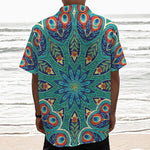 Peacock Feather Floral Pattern Print Textured Short Sleeve Shirt