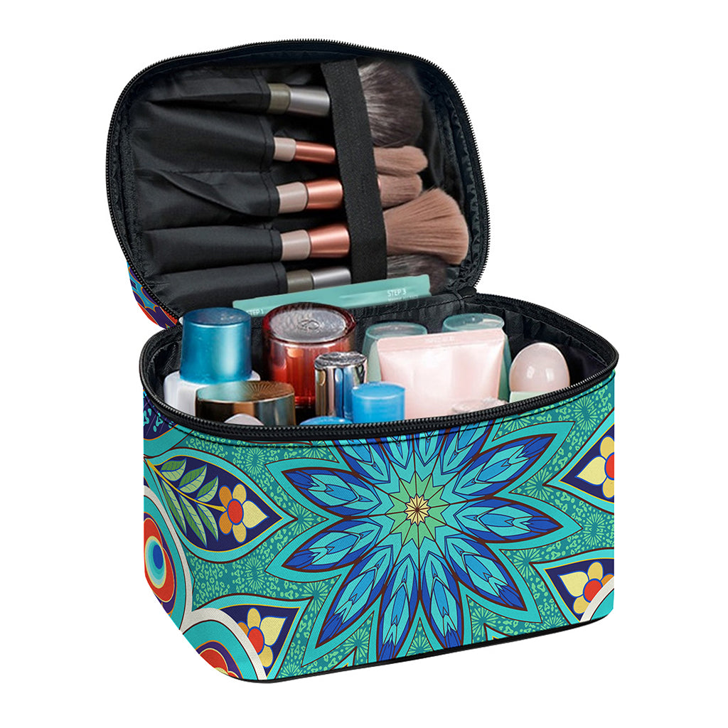 Peacock Feather Floral Pattern Print Travel Makeup Bag