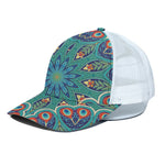 Peacock Feather Floral Pattern Print White Mesh Trucker Cap