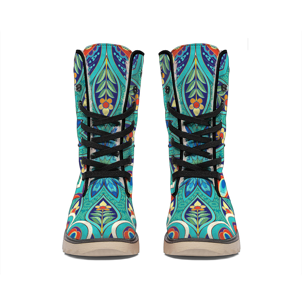 Peacock Feather Floral Pattern Print Winter Boots