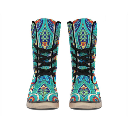 Peacock Feather Floral Pattern Print Winter Boots