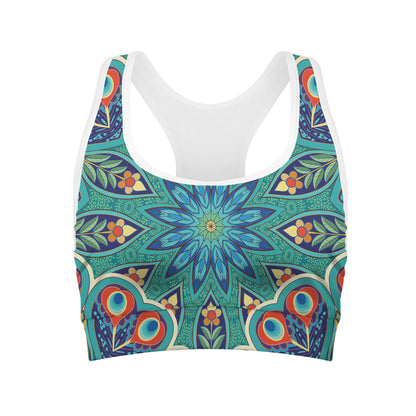 Peacock Feather Floral Pattern Print Women's Sports Bra