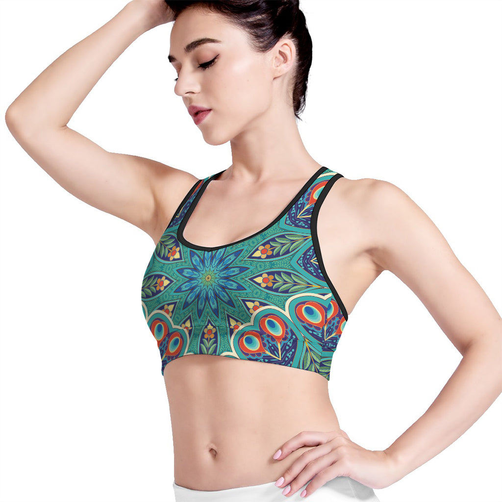 Peacock Feather Floral Pattern Print Women's Sports Bra