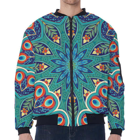 Peacock Feather Floral Pattern Print Zip Sleeve Bomber Jacket