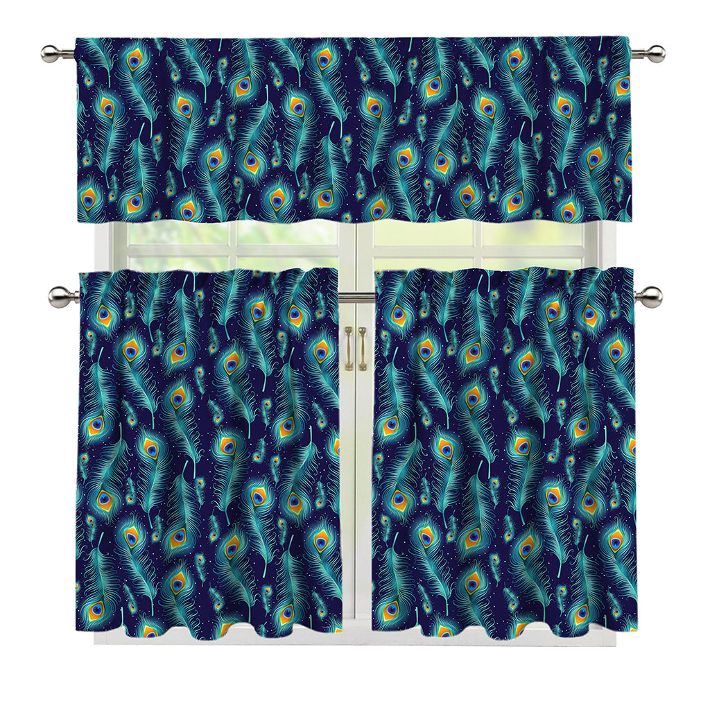 Peacock Feather Pattern Print 3 Piece Kitchen Curtains