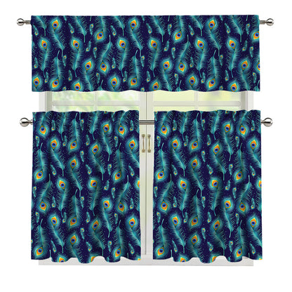 Peacock Feather Pattern Print 3 Piece Kitchen Curtains