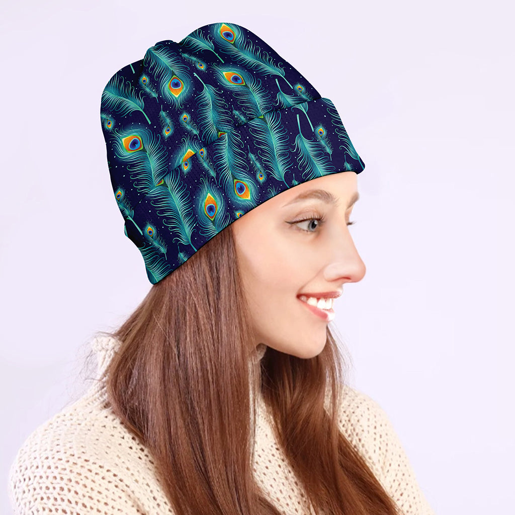 Peacock Feather Pattern Print Beanie